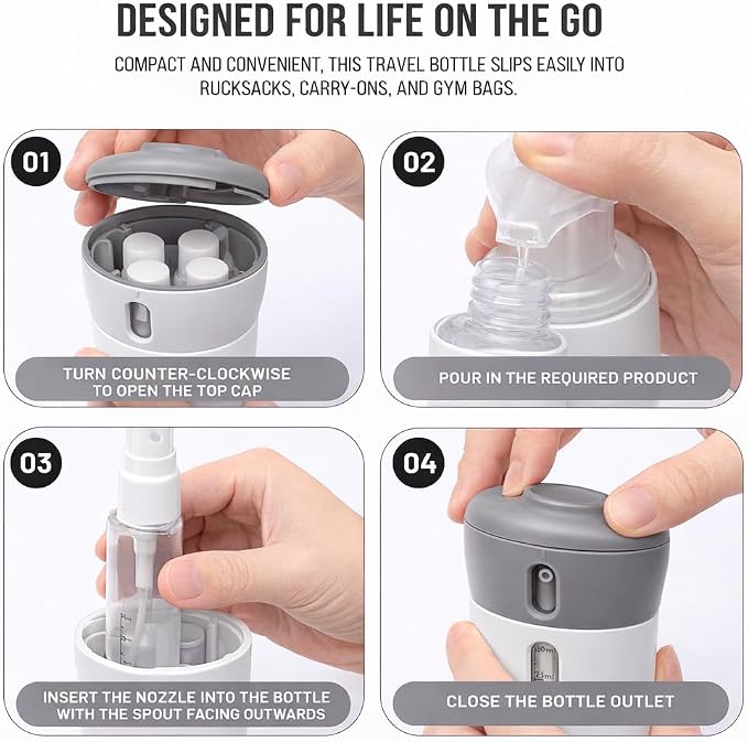 Travigo 4-in-1 Travel Dispenser Bottle Set, TSA Approved, Leak Proof, Reusable 1.4 oz. (40 mL) Toiletry Containers for Shampoo, Conditioner, Soap, Lotion, Skincare (2 Pack, Pink & Gray) - Image 4
