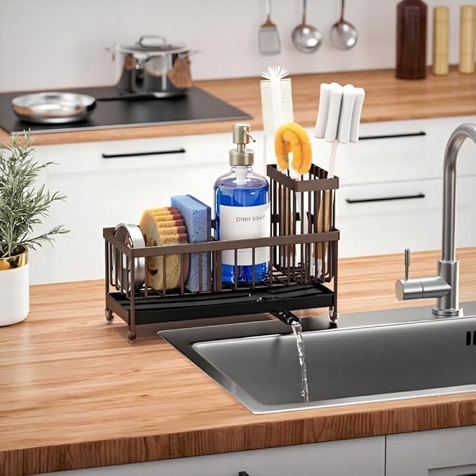Cisily Brown Sponge Holder for Kitchen Sink, Sink Caddy Organizer with High Brush Holder, Kitchen Countertop Organizers and Storage Essentials, Rustproof 304 Stainless Steel, Soap Dispenser Organize - Image 6