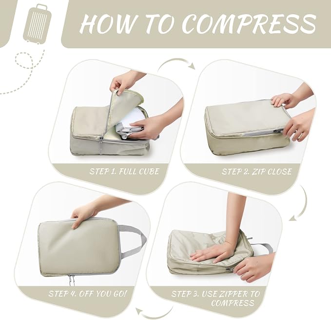 WOOMADA Compression Packing Cubes for Suitcases Travel Essentials 4 Set Expandable Travel Bags Organizer for Luggage(ivory) - Image 4