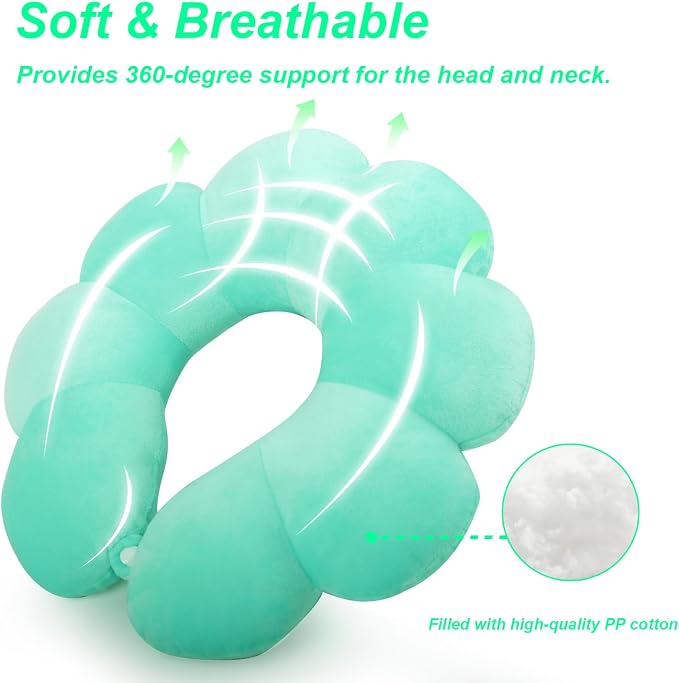 Flower Travel Neck Pillows for Airplanes Breathable Cotton U-Shaped Neck Pillow for Kids & Adults Head Neck Chin Support Rest Pillow for Traveling,Car,Train,Bus,Recline,Home,Office,Light Green - Image 3