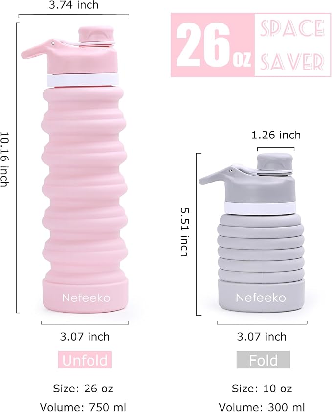 Nefeeko Collapsible Water Bottle, 26oz Silicone Foldable Water Bottles | Leakproof BPA Free Travel Water Bottles with Carabiner,Portable Sport Water Bottles for Camping,Hiking Outdoor Indoor Sport - Image 3