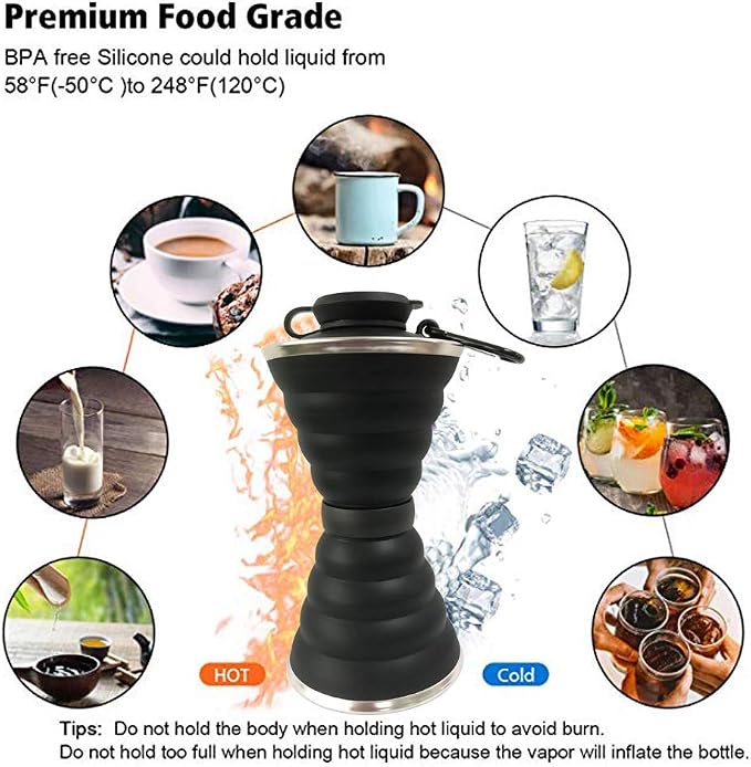 Collapsible Water Bottle, Camping Cup With Carabiner, Reuseable Silicone Foldable Leak Proof Portable Sports Travel Water Bottles For Outdoor, Travel Gym Hiking, BPA Free, Cycling Cups with Carabiner - Image 5