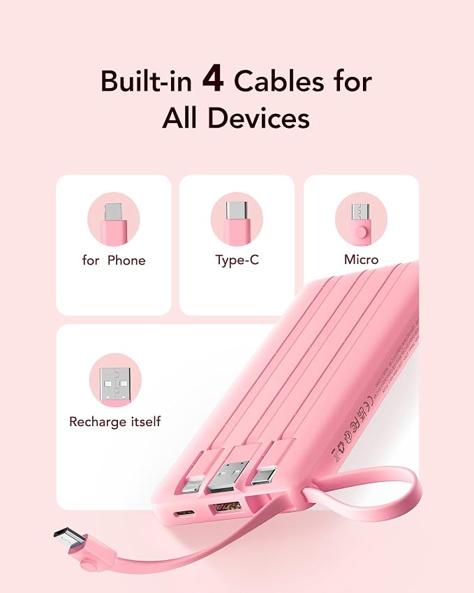 VRURC Portable Phone Charger, Built-in 4 Cables USB C Power Bank 10000mAh | Slim Power Bank for Travel,5 Output 2 Inpput Charging Bank,Multi Devices Battery Pack for iPhone,Android-Barbie Pink(1 Pack) - Image 8