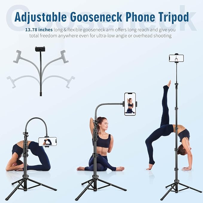 Selfie Stick Tripod, 85" Phone Tripod, Aluminum Tripod Stand for Video Recording Photo Vlog, Travel Cell Phone Tripod with Gooseneck/Remote/Phone Holder, Compatible with iPhone Android Smartphone - Image 2