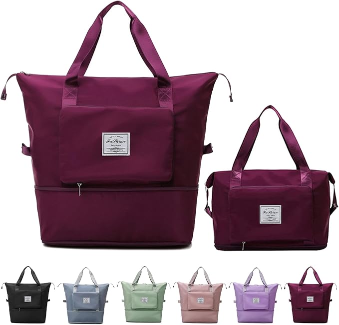 Large Capacity Folding Travel Bag, Lightweight Waterproof Luggage Bag, Expandable Travel Duffel Bag, Dry Wet Separated Gym Tote Bag, Weekender Overnight Bags for Women and Man (Fuchsia) by DOJUNS