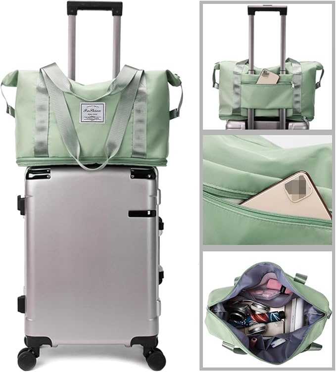 Large Capacity Travel Bag, Foldable Travel Bag, Expandable Duffel Bag, Collapsible Waterproof Large Capacity Handbag, Overnight Bags for Women and Man(Light Green+Toiletry Bag) - Image 4