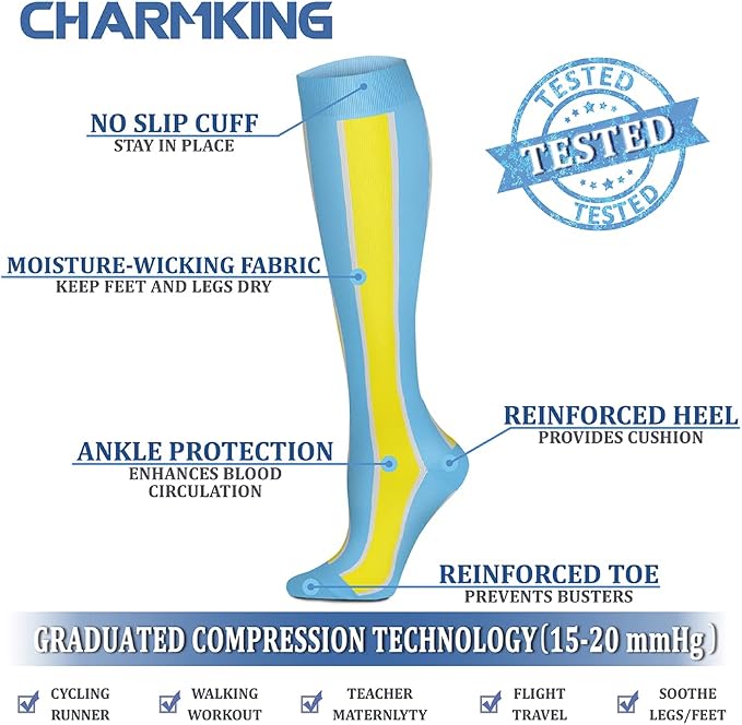 CHARMKING Compression Socks for Women & Men Circulation (8 Pairs) 15-20 mmHg Best Calf Socks Support for Athletic Cycling - Image 4