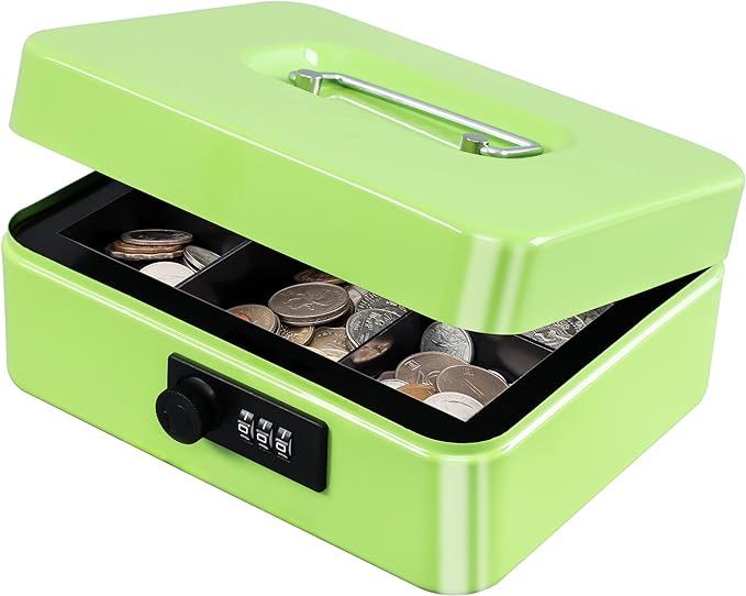 KYODOLED Cash Box with Combination Lock,Safe Metal Box for Money,Storage Lock Box with Money Tray,7.87"x 6.30"x 3.54" Limegreen Medium by KYODOLED