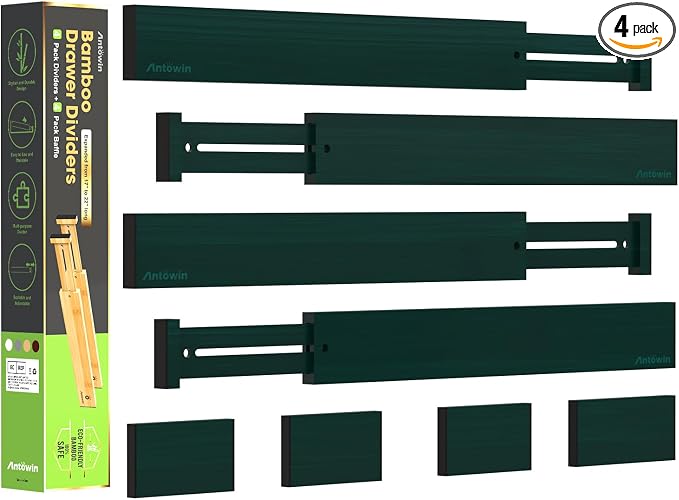 Expandable Bamboo Drawer Dividers Organizers, Drawer Separators Splitter,17-22 inches Long Adjustable Spring-loaded Organizer for Large Utensil, Clothes, Tools(Dark Green) by ANTOWIN