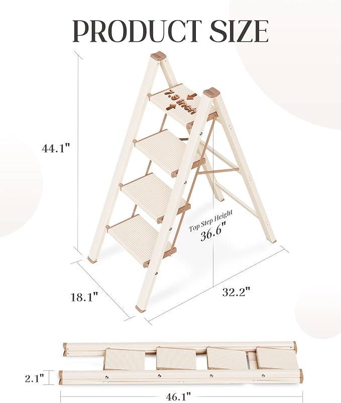4 Step Ladder, Folding Step Stool with Anti-Slip Wide Pedal | Lightweight, Aluminum Material, 330LBS Load, Portable, Easy Storage, Space Saving, for Kitchen, Bedroom Use, Chocolate White - Image 6