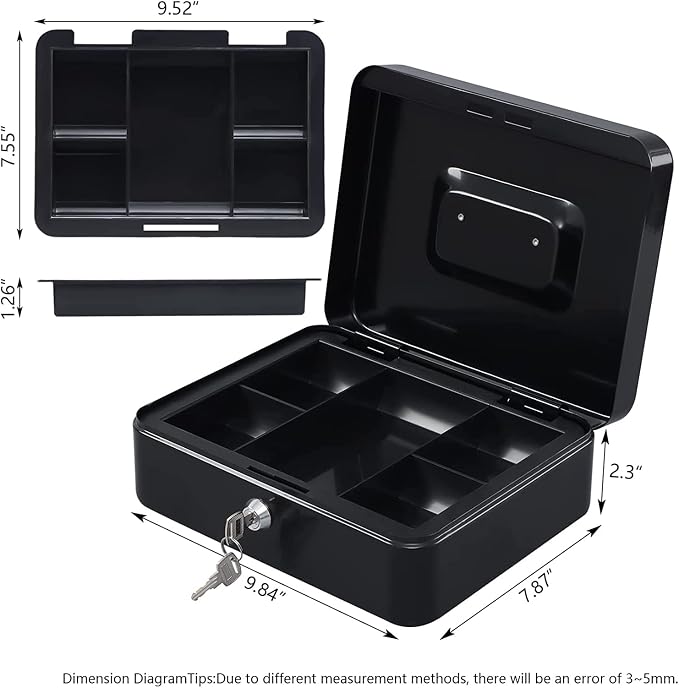 KYODOLED Large Cash Box with Removable Money Tray, Key Lock Metal Storage Box with 2 Keys & Portable Handle, Safe Cash Drawer, 9.84"x 7.87"x 3.54", Black Large - Image 5