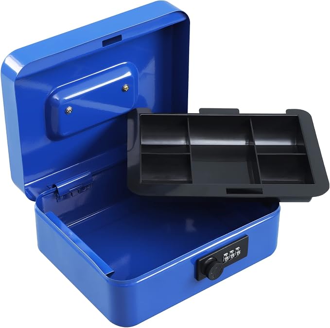 xydled Steel Cash Box Safe with Combination Lock,Money Safe Box with Removable Coin Tray,Medium,7.87"x 6.30"x 3.54",Blue - Image 2
