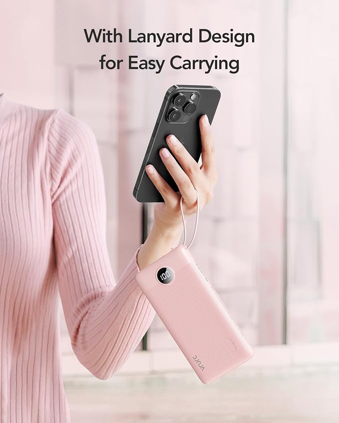 VRURC Portable Charger Power Bank, Built-in 4 Cables & 2 Ports,10000mAh Slim Battery Pack with LED Display, Travel Essential USB C Portable Phone Charger for All Cell Phones Devices-Pink(1 Pack) - Image 7