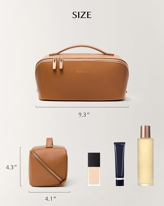 EACHY Travel Makeup Bag, PU Leather Cosmetic Bag for Women, Desert Yellow | PU leather organizer opens flat with two TPU brush pockets and divided storage for makeup, skincare, toiletries and travel - Image 6