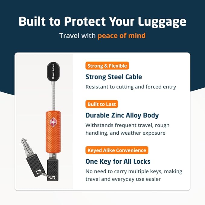 TSA Approved Locks for Luggage with Keys, Secure Travel Locks | Durable, Flexible Cable, Zinc Alloy Body, Easy to Use, Compact, for Suitcases, Backpacks, Cases, Zippers, 4-Pack, Orange - Image 6