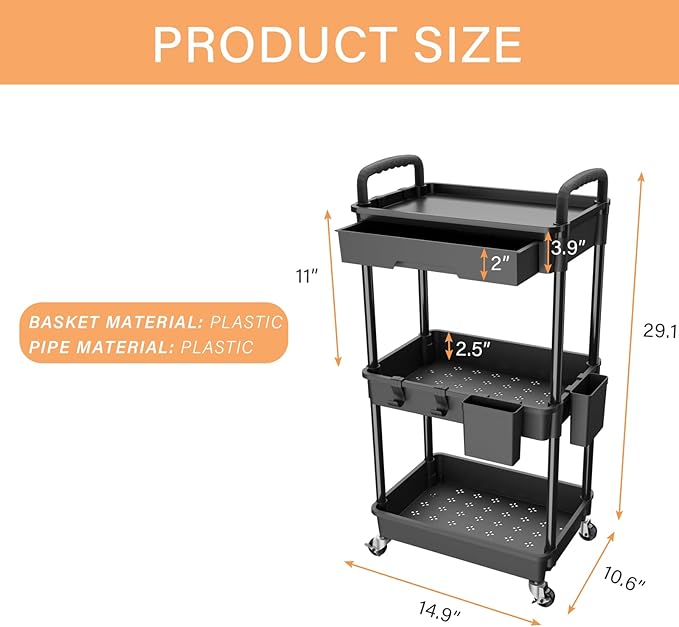 3 Tier Rolling Utility Cart with Drawer,REBECAT Utility Cart Made of Multifunctional Storage Organizer Tool for Kitchen,Bathroom,Living Room,Office(Black) - Image 5