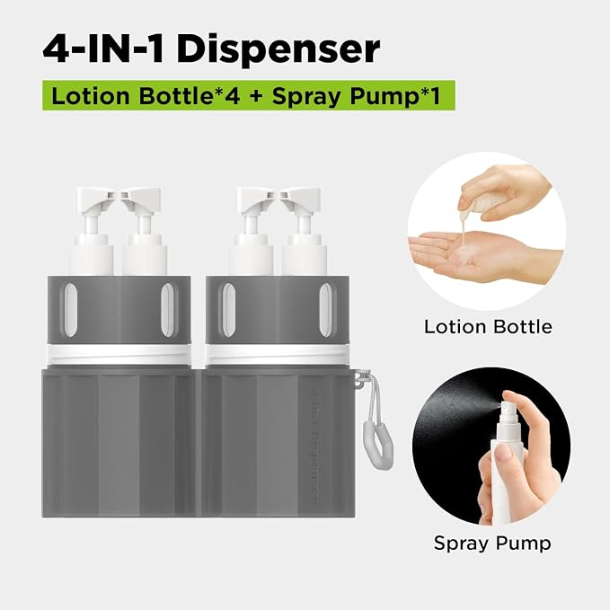4 in 1 Travel Toiletry Containers,TSA Approved Refillable Travel Size Toiletries Bottles Set with Suction Cup for Smooth Walls - for Shampoo,Conditioner,Body Wash,Lotion.(Grey) - Image 4