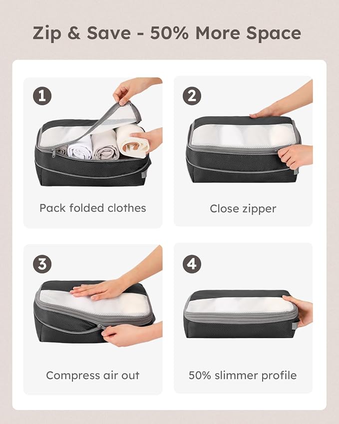 4 Set Compression Packing Cubes for Travel, Bonus Versatile Drawstring Backpack, Lightweight Luggage Organizer Bags, Sturdy Travel Accessories for Suitcase, Black - Image 4
