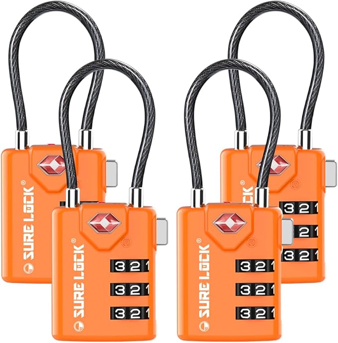 SURE LOCK TSA Approved Combination Luggage Locks with Open Alert Indicator – Durable Zinc Alloy Cable Travel Locks with Large Easy-Read Dials for Suitcases, Backpacks & Gym Bags Orange 4 Pack by Hopeyoucanstaysafe