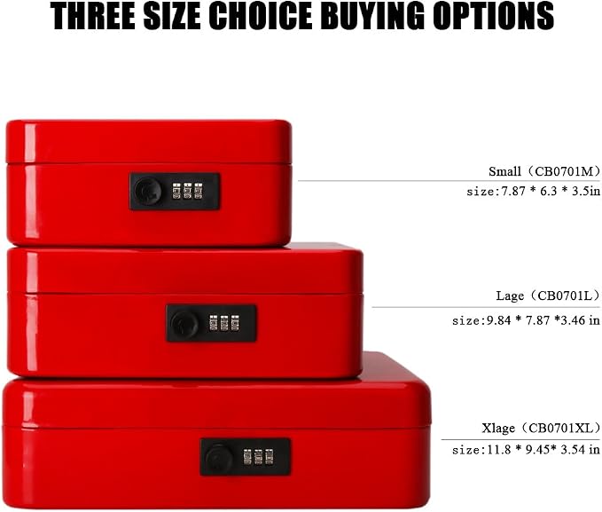 Jssmst Medium Cash Box with Combination Lock - Durable Metal Cash Box with Money Tray Red, 7.87 x 6.3 x 3.35 inches, CB0703M - Image 6