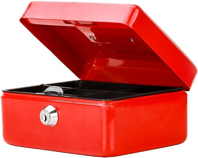 Decaller Small Cash Box with Key Lock, Double Layer Metal Money Box for Home Security, Portable Locking Box, 5.9" x 4.7" x 3.2", Red by Decaller
