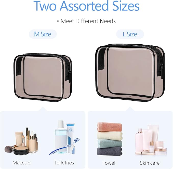 Clear Makeup Bag Travel - TSA Approved Toiletry Bag, 2 Black Brown | 1 Medium Quart Carry-On & 1 Large Checked-Luggage, Reinforced Seams, Water-resistant, Clear Easy-Check for Airport, Women - Image 3