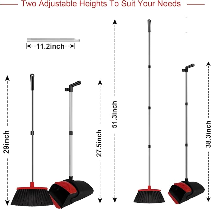 Red Broom and Dustpan Combo Set, 51" Long Handle Broom | Built-in Comb Dustpan for Pet Hair Removal, Foldable Upright Storage Design - Image 2