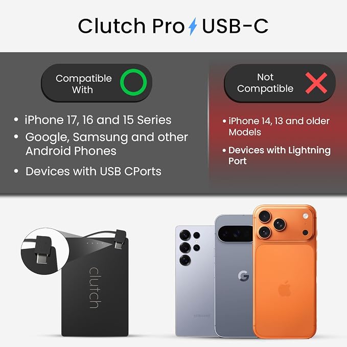 Clutch Pro – World's Thinnest Portable Charger – USB-C Power Bank 5000mAh – Magnetic Built-in Cable – TSA Approved Travel Charger – iPhone 15/16/17 & Android – Black - Image 2