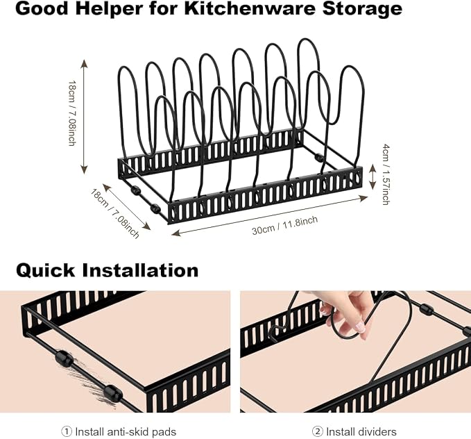 Housolution Pot and Pan Lid Organizer Holder Storage Rack, Black | 7 Adjustable Dividers, Sturdy Metal Construction, Easy Assembly - Image 5