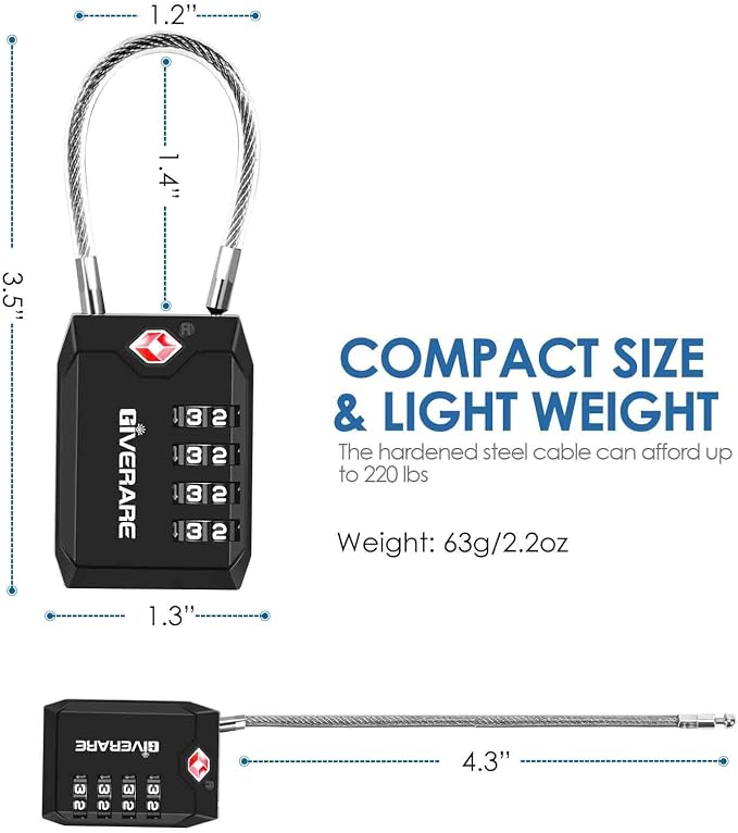 2 Pack TSA Approved Travel Luggage Locks, 4-Digit Cable Combination Suitcase Lock, Metal Alloy Padlocks, Weatherproof Padlock for Locker, Bag, Gun Case, Backpack, Anti Theft, Easy Read Dials-Black - Image 2