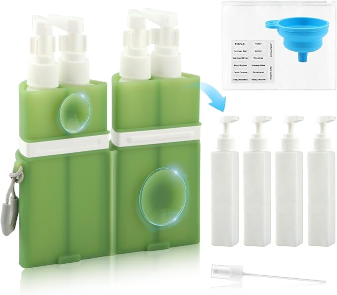 4 in 1 Wall Suction Travel Bottles Set, TSA Approved Leak Proof Travel Size Toiletries Containers with Funnel Labels Bag, Refillable Shampoo Dispenser Kit, (green) - Image 2