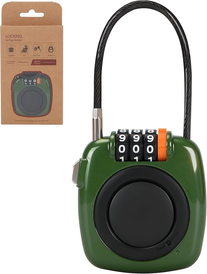 3-Digit Combination Holder Lock Compatible with Apple AirTag, Steel Cable – Alloy Body Ultra Durable Secure Anti-Theft for Luggage, Backpack, Bags, Suitcase, Gym Locker, Travel Safe (Green) by TOKCKYBL
