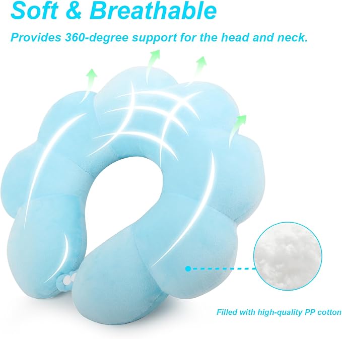 Flower Travel Neck Pillows for Airplanes Breathable Cotton U-Shaped Neck Pillow for Kids & Adults Head Neck Chin Support Rest Pillow for Traveling,Car,Train,Bus,Recline,Home,Office,Light Blue - Image 3