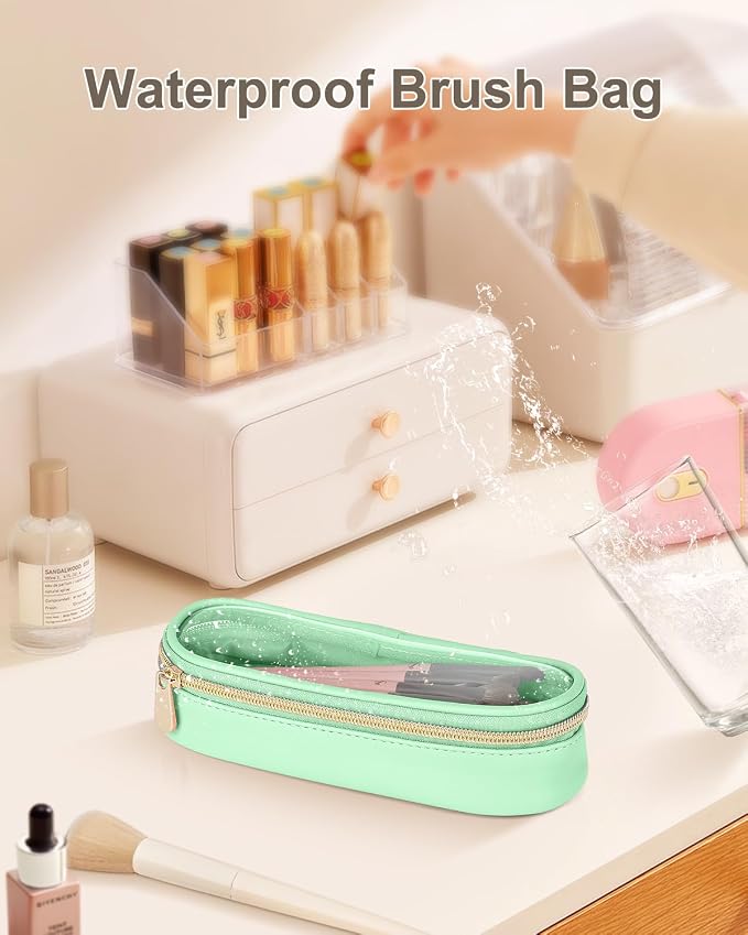 Soimeat Clear Travel Makeup Brush Holder, Leather Makeup Brush Toiletry Bag, Portable Cosmetic Brush Case, Transparent Waterproof Makeup Brush Storage Bag, Mint Green - Image 7
