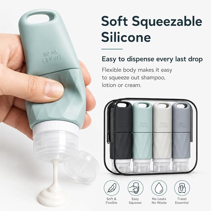Travel Bottles for Toiletries, TSA Approved 3oz Leak Proof Silicone Travel Size Containers with Cross-Valve Cap, Refillable Bottles with Labels & Clear Bag for Shampoo, Body Wash (4 Pack-Grey) - Image 4