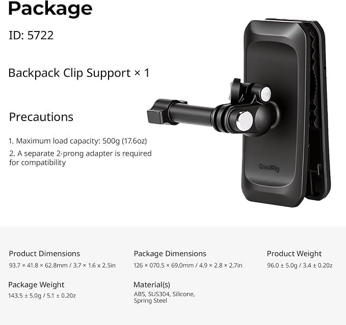 SMALLRIG Magnetic Backpack Strap Clip Mount with Ball Head Mantis Hook | Adapter Base for DJI Osmo Nano/Action 6/5 Pro/4, for Insta360 X5/4/3/Ace Pro 2/Go Ultra, for GoPro 13/12/11, for AKASO - 5722 - Image 8