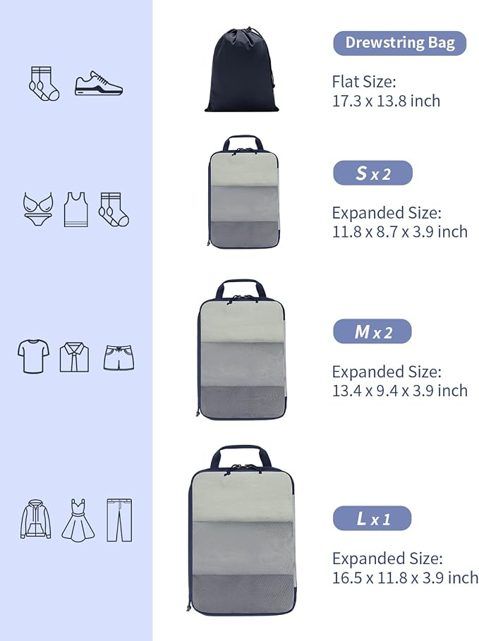 ECOHUB 6 Set Compression Packing Cubes, Lightweight Cruise Ship Vacation Travel Essentials, Durable Travel Accessories for Suitcase Luggage Organizer Bags Set with YKK Zippers Shoe Bag, Dark Blue - Image 4