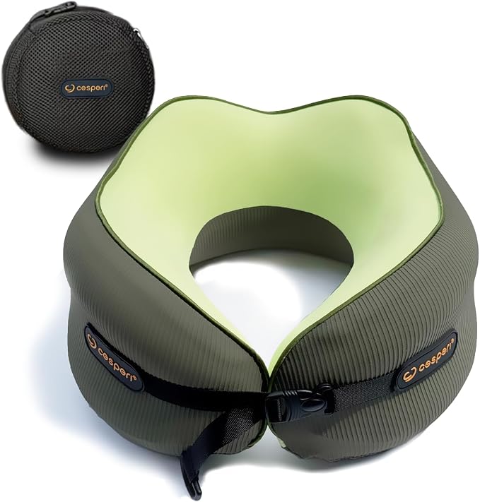 Cesperi® Ergonomic Travel Neck Pillow for Airplanes & Cars, Large | CertiPUR-US® Certified Memory Foam, Washable Cover, Travel Bag, Large Neck Fit, Neck Pillow for Flights (Avocado Green) by Cesperi%C2%AE