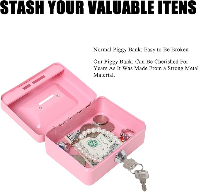Jssmst Small Cash Box with Lock and Slot, Metal Coin Piggy Bank for Adults and Kids, Pink Locking Money Box - Image 5