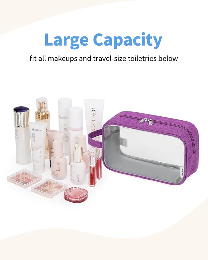 Narwey Clear Travel Toiletry Bags for Traveling Toiletries Men Women, Clear Makeup Bag Cosmetic Bag with Zipper, Make Up Pouch Organizer Bag with Handle, Skincare Beach Snack Medicine Bag, Purple - Image 3