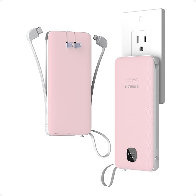 Portable Charger with Built in Cables,TESSAN 10000mAh Power Bank Fast Charging with Foldable Wall Plug Charger, PD20W Compact Battery Pack Travel Essentials for iPhone 17/16/15 Series,Samsung,Tablets | PD20W USB C Fast Charging with Foldable AC Outlets... by TESSAN