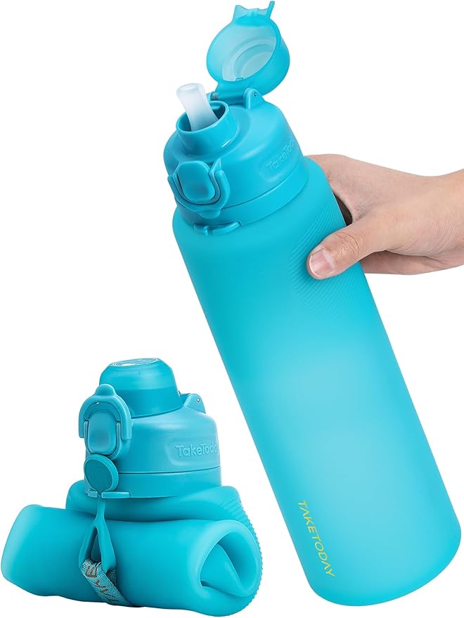 TakeToday Collapsible Water Bottles, Foldable for Travel, 32oz, Blue | Compact Foldable Travel Bottle with Straw, TSA-Approved Leakproof Silicone, BPA-Free for Hiking & Outdoors by TAKETODAY