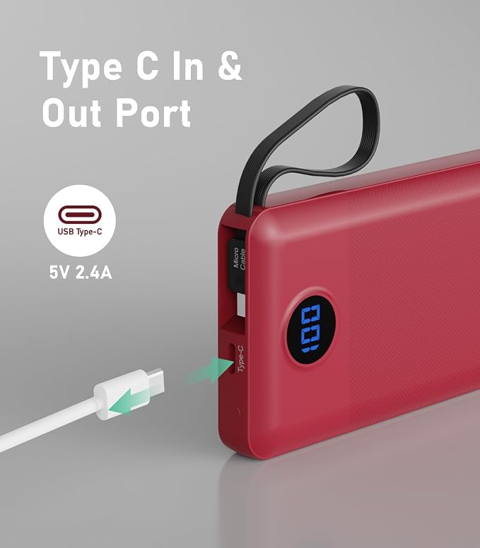 Portable Charger with Built in Cables, Slim 10000mAh Power Bank, USB C Battery Pack Travel, 4 Output 2 Input External Charging Bank for iPhone 17/16/15/14/13,Samsung, Android, etc-Red(1 Pack) - Image 4