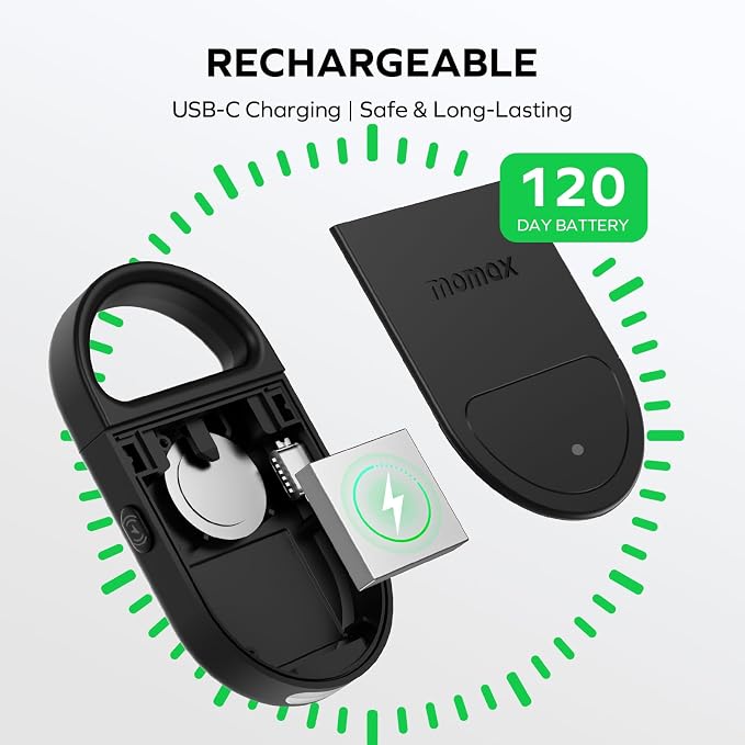 Momax Key Finder Tracker Tag – Smart Personal Alarm Rechargeable Tracking Device with SOS Alert & LED Strobe, Find My (iOS Only), Anti-Lost Tags with Keychain, Travel Gadget for Women, Girls, Black - Image 6