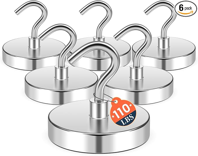 FINDMAG 6 Pack Magnet Hooks, 110LB+ Cruise Magnetic Hooks, Silver | Strong Magnetic Hooks for Cruise Cabins, Heavy Duty for Fridge, Refrigerator, Office, Home, Kitchen and Classroom Use by FINDMAG