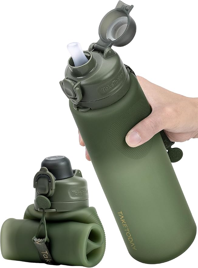 TakeToday Collapsible Water Bottles, Foldable for Travel, 32oz, Green | Compact Foldable Travel Bottle with Straw, TSA-Approved Leakproof Silicone, BPA-Free for Hiking & Outdoors by TAKETODAY