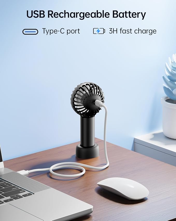 SWEETFULL Mini Portable Fan - Rechargeable Handheld Fan, 3 Speeds Personal Hand Gifts for Travel Essentials, Lash, Makeup, Eyelash, Kids, Girls, Women - USB, Cute Design Black - Image 7