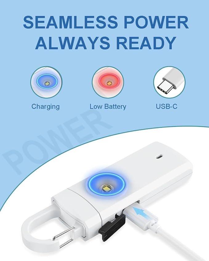 Rechargeable Personal Safety Alarm for Women, Loud Siren Birdie Sound, Strobe SOS LED Light, USB Charging, Be Safe with Personal Alarm Self Defense Keychain for Wife, Daughter, Student, White - Image 6