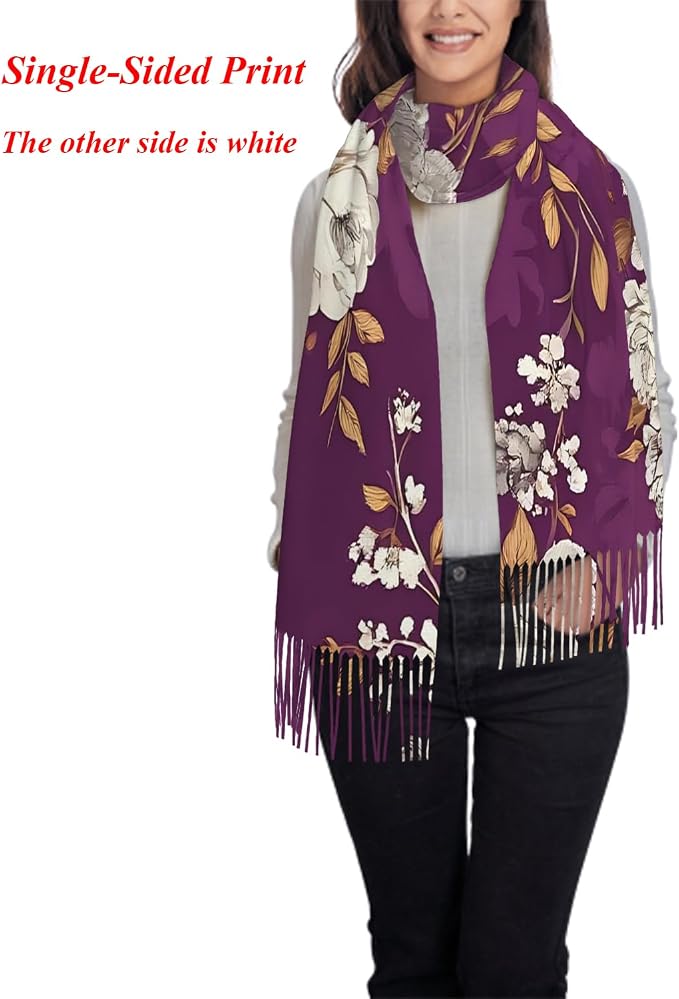 IBILIU Oversize Scarf for Women Floral Flower Purple Prune Color Scarf Tassel Scarves Fall Winter Shawl Wraps - 77.6 x 28.3in - Image 2