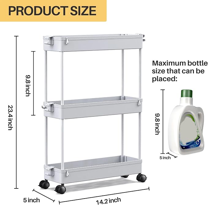 SPACEKEEPER Slim Rolling Storage Cart, 3 Tier Bathroom Cart Organizer, Gray | Narrow Rolling Cart with Wheels for Kitchen Office Bathroom Laundry Room,Mobile Utility Cart for Craft Art Makeup Nail Polish - Image 3